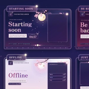 Cherry Blossom Stream Overlay Pack for Twitch | Animated Moon Alerts, Scenes, Stinger, Cam Frame | Sakura Night StreamElements VTuber