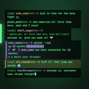 Könnte beinhalten: Eine dunkelgrüne digitale Benutzeroberfläche mit dem Titel Terminal Chat Widget. Sie zeigt ein Layout im Befehlszeilenstil mit Texteingabeaufforderungen, Ereignisbenachrichtigungen und einem Live-Chat-Feed, ergänzt durch neongrüne Akzente.