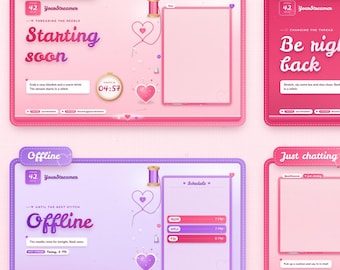 Cute Pink Stream Overlay Pack for Twitch | Animated Heart Alerts, Scenes, Stinger, Cam Frame | Kawaii StreamElements VTuber Overlay