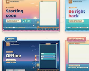 Cozy Fishing Stream Overlay Pack for Twitch | Animated Ocean Alerts, Scenes, Stinger, Cam Frame | Cute Pier Sunset StreamElements Overlay