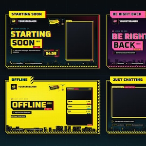 Könnte beinhalten: Ein digitales Stream-Paket mit sechs verschiedenen Szenen-Layouts in einem giftgelben und dunklen Design. Die Grafiken enthalten Text-Overlays wie Starting Soon, Be Right Back, Thanks For Watching, Offline und Just Chatting mit Glitch-Effekten.