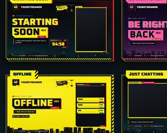 Cyberpunk Stream Overlay Pack for Twitch | Animated Neon Alerts, Scenes, Stinger, Cam Frame | Yellow Glitch StreamElements VTuber