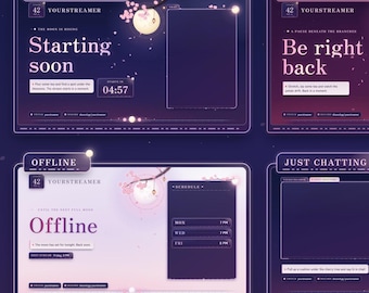 Cherry Blossom Stream Overlay Pack for Twitch | Animated Moon Alerts, Scenes, Stinger, Cam Frame | Sakura Night StreamElements VTuber