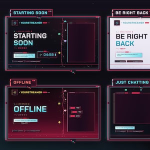 May include: A digital stream pack featuring six scene layouts with a dark theme, red accents, and pixelated glitch effects. Text includes Starting Soon, Be Right Back, The End, Offline, Just Chatting, and Background Only with a red hairline crack.