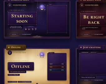 Witchy Twitch Overlay Package | Crystal Ball Animated Alerts, Starting Soon Screens, Stinger, Panels | Mystic Velvet Gold Stream Pack