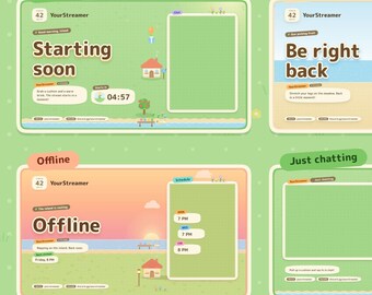 Cozy Island Stream Overlay Pack for Twitch | Animated Pastel Alerts, Scenes, Stinger, Cam Frame | Cute Cottage Meadow StreamElements