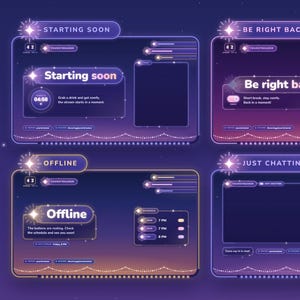 Könnte beinhalten: Ein digitales Stream-Paket mit sechs dunkelvioletten und blauen Verlaufs-Overlays mit leuchtenden Sternen- und Perlenschnur-Akzenten. Der Text umfasst Starting Soon, Be Right Back, The End, Offline, Just Chatting und Background Only für VTuber.