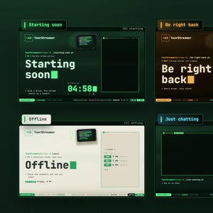 Könnte beinhalten: Ein digitales Terminal-Stream-Paket mit sechs verschiedenen Szenen-Layouts im Retro-Computer-Stil. Die Grafiken enthalten Text-Overlays wie Starting soon, Be right back, Thanks for watching und Offline, dargestellt in grünen, bernsteinfarbenen und dunklen Tönen.