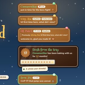 May include: A digital chat widget for StreamElements featuring a gingerbread cookie theme. The interface displays message boxes shaped like brown cookies with white dotted icing borders and colorful gumdrop accents on a dark blue background.