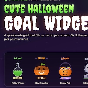 May include: A digital Halloween goal widget for StreamElements featuring six distinct icons: a green potion flask, a pumpkin, a candy pail, a ghost, a spider web, and a moon phase. The interface displays live progress bars with text labels.