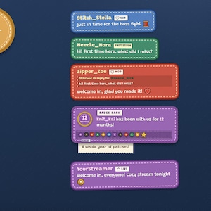 May include: A digital chat widget interface titled Felt Patch for Streamelements. The design features text and chat bubbles styled as embroidered felt patches with stitched seams in blue, green, orange, purple, and lavender on a dark blue background.