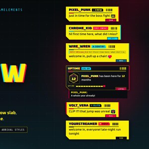 May include: A digital chat widget for StreamElements titled Toxic Yellow, featuring a dark background with bright yellow text and interface elements. The design includes multiple chat message boxes, user badges, and event notifications with a glitch aesthetic.