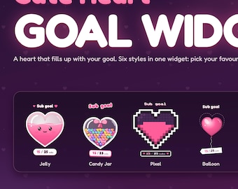 Twitch Goal Widget | Cute Heart Sub Goal for StreamElements | 6 Animated Styles, Kawaii Pink Heart for Follows, Bits, Tips