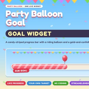May include: A digital progress bar widget titled Party Balloon Goal with a red balloon icon moving along a candy-striped bar. The interface includes text labels like GOAL WIDGET, SUB GOAL, and 14 / 25, set against a light blue background with colourful bunting.