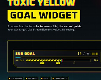 Twitch Goal Widget | StreamElements Goal Bar for Subs, Followers, Bits and Tips | Toxic Yellow Cyber ​​Overlay