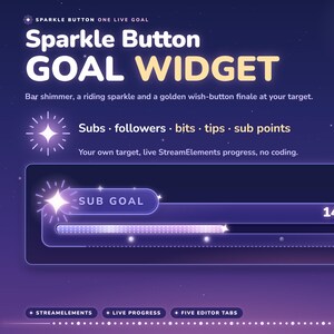 May include: A digital Sparkle Button Goal Widget for StreamElements featuring a dark purple background with white text. The interface displays a progress bar labelled Sub Goal with a 14/25 count, decorated with star icons and a glowing button.