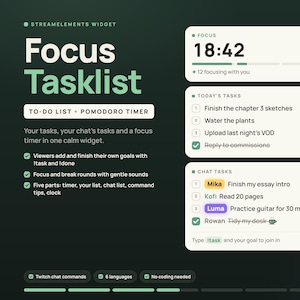 Könnte beinhalten: Ein StreamElements-Widget-Interface mit dem Titel Focus Tasklist, das einen Pomodoro-Timer, eine Aufgabenliste für heute und eine Chat-Aufgabenliste enthält. Das dunkelgrüne Layout umfasst Text, Kontrollkästchen und benutzerspezifische Einträge.