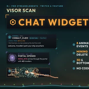 Könnte beinhalten: Ein digitales Chat-Widget-Overlay für StreamElements, Twitch und YouTube mit dem Titel Visor Scan. Es zeigt dunkle rechteckige Boxen mit orangefarbenem Text, einschließlich Beispielen für Chat-Nachrichten, Portal-Ereignisse und Mining-Animationen. Enthält 8 animierte Ereignisse, Mining-Löschung, 3D- und Bodenleiste, ohne Programmierung.