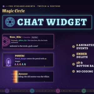 Może przedstawiać: Cyfrowy widżet czatu dla Twitch i YouTube z ciemnofioletowym tłem oraz neonowymi niebieskimi i różowymi akcentami. Interfejs zawiera okna czatu, ikonę magicznego kręgu oraz tekst wymieniający 8 animowanych zdarzeń, usuwanie emberów, funkcje 3D i dolny pasek, bez konieczności kodowania.