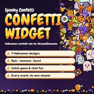 Könnte beinhalten: Eine digitale Grafik für das Spooky Confetti Confetti Widget mit Halloween-Konfettiregen für StreamElements. Der Text lautet 7 Halloween designs, Rain, cannons, burst, Catch game & chat fun und Every event, its own shower.
