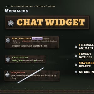 Puede incluir: Un widget de chat digital para streaming con un tema de textura de cuero oscuro e iconos de medallón. El texto incluye "MEDALLION CHAT WIDGET", "6 MEDALLION ANIMALS", "8 EVENT NOTICES", "SILVER BLADE DELETE" y "NO CODING" junto a mensajes de chat.