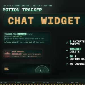 May include: A digital motion tracker chat widget interface for streaming featuring dark green and black colour schemes. Text includes "MOTION TRACKER", "CHAT WIDGET", "8 ANIMATED EVENTS", "TRACKER DELETE", "3D & BOTTOM BAR", and "NO CODING".