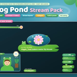 Cute Frog Stream Overlay Pack for Twitch | Unique Animated Alerts, Scenes, Stinger, Cam Frame, Panels | Cozy Pond VTuber | StreamElements