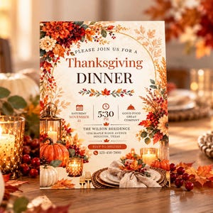 Puede incluir: Una tarjeta de invitación rectangular para una cena de Acción de Gracias con fondo crema y un borde de hojas de otoño, calabazas y bayas. El texto dice: Please join us for a Thanksgiving dinner, Saturday November 23, 5:30 PM, The Wilson Residence, 1254 Maple Ridge Avenue, Houston, Texas, RSVP to Melissa, 123-456-7890.