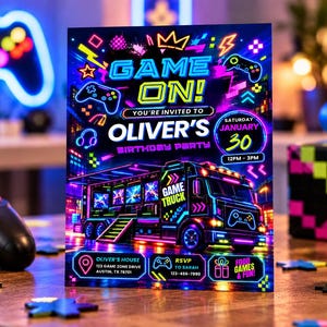 May include: A rectangular birthday party invitation featuring a neon-style graphic of a game truck, controllers, and geometric shapes. The text reads: GAME ON! YOU'RE INVITED TO OLIVER'S BIRTHDAY PARTY, SATURDAY JANUARY 30, 12PM-3PM, plus location and RSVP details.