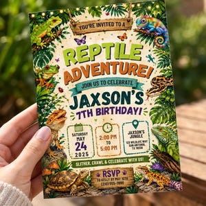 May include: A rectangular invitation card for a Reptile Adventure 7th birthday party for Jaxson. The design features illustrations of various reptiles, including a chameleon, frog, turtle, and lizard, surrounded by lush green jungle foliage.