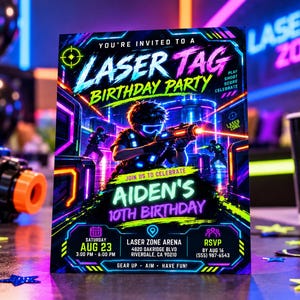 Laser Tag Birthday Invitation, Neon Laser Party Invite, Editable Canva Template, 5x7 Digital Birthday Invitation, Teen Laser Tag Party