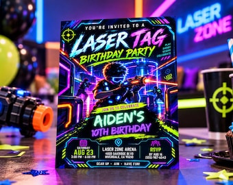Könnte beinhalten: Eine rechteckige Einladungskarte für eine Laser-Tag-Geburtstagsparty mit neonblauen, pinken und grünen Grafiken eines Spielers mit Laserpistole. Der Text lautet: You're invited to a Laser Tag Birthday Party, Aiden's 10th Birthday, Aug 23, 3:00 PM - 6:00 PM, Laser Zone Arena, 4820 Oakridge Blvd, Riverdale, CA 90210, RSVP by Aug 16 (555) 987-6543.
