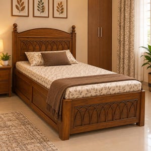 May include: A single wooden bed frame with a warm brown finish, featuring an arched headboard and footboard with decorative lattice detailing. The bed is dressed with a light-coloured patterned sheet, a solid brown rectangular pillow, and a brown throw.