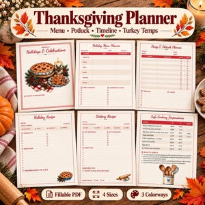 Pode incluir: Um conjunto de planejador de Ação de Graças com seis páginas impressas com cabeçalhos como Holidays & Celebrations, Holiday Menu Planner, Party & Potluck Planner, Holiday Recipe, Baking Recipe e Safe Cooking Temperatures com Fahrenheit e Celsius.