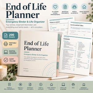 May include: An End of Life Planner emergency binder and life organizer with 200 pages, featuring a white cover with dark text and a line graphic. Includes printed pages showing contents, care and medical wishes, and various organizational icons.
