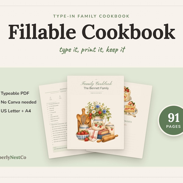 Modello di ricettario compilabile, libro di ricette di famiglia modificabile in PDF, raccoglitore di ricette digitabile, regalo personalizzato per la mamma