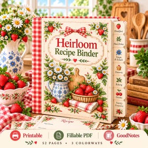 Puede incluir: Un archivador de recetas color crema con lomo a cuadros rojos y blancos, con ilustraciones de fresas, margaritas y una jarra azul. El texto de la portada dice Heirloom Recipe Binder. Incluye separadores con pestañas para categorías como Breakfast, Main Dishes, Soups & Salads, Desserts, Baking, Drinks y Family Favorites.