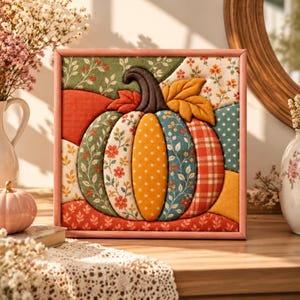 May include: A square framed fabric wall art piece featuring a central pumpkin motif. The pumpkin is composed of various fabric segments in orange, green, and blue, showcasing floral, polka dot, and plaid patterns. A dark brown fabric stem sits atop.