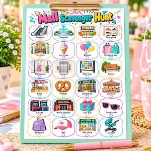 May include: A light green clipboard holding a Mall Scavenger Hunt game sheet with colorful illustrations of items like an escalator, fountain, food court, toy store, ice cream, balloons, shopping bags, mannequin, elevator, map, bench, kiosk, pretzel, bookstore, carousel, arcade, movie theater, gift box, sunglasses, backpack, hat, pet store, and stroller.