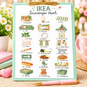 May include: A clipboard holding an IKEA Scavenger Hunt checklist with illustrations of household items like a sofa, bunk bed, rug, plant, mirror, picture frame, curtain, model kitchen, pencil, measuring tape, shopping cart, meatballs, cinnamon bun, hot dog, desk chair, mini room display, exit arrow, ball pit, stuffed toy, and storage box.