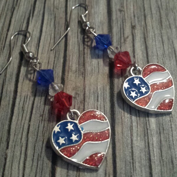 Patriotic Stars and Stripes Heart Earrings, Heart Earrings, Stars and Stripes Earrings, Red White and Blue, Swarovski Crystal Earrings