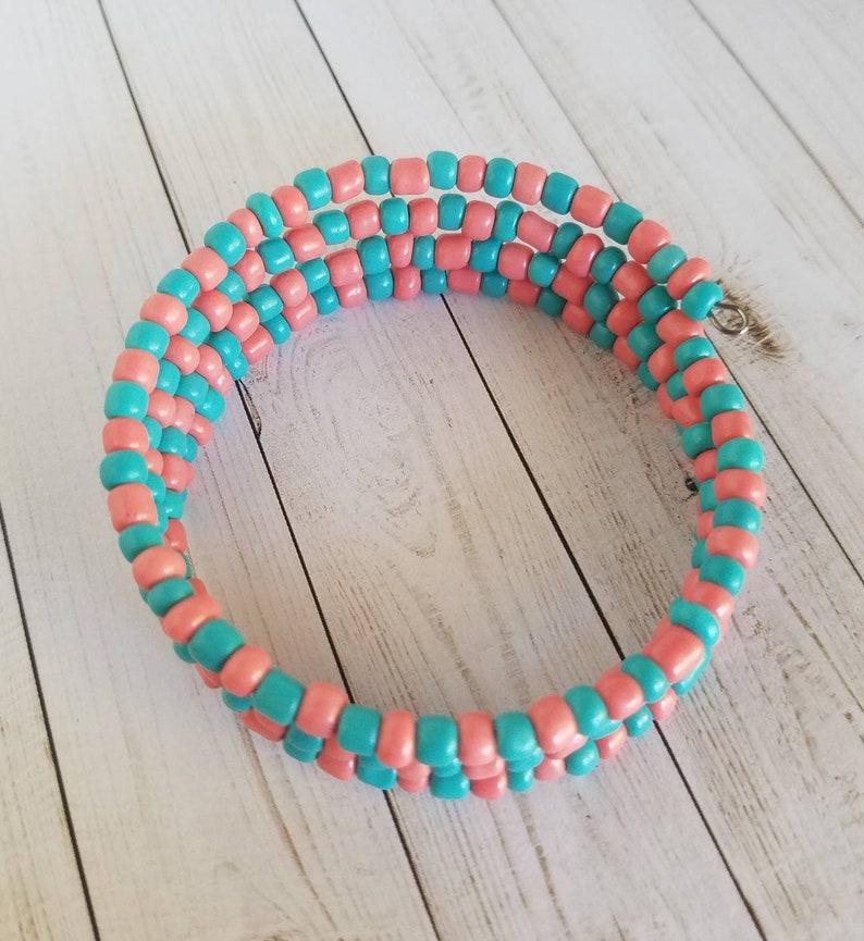 Coral and Turquoise Memory Wire Bracelet Beach Bracelet Etsy