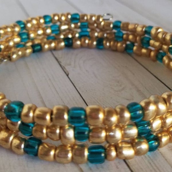 Teal Memory Wire Bracelet, Moroccan Inspired Memory Wire Bracelet, Teal and Gold Seed Bead Bracelet, Wrap Bracelet, Gold Seed Bead Bracelet
