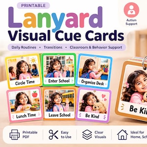 Può includere: Un set di schede visive stampabili per cordino, con un laccetto viola e oltre 50 schede quadrate con foto di una bambina ed etichette come Be Kind, Circle Time e Lunch Time per le routine quotidiane e il supporto educativo.