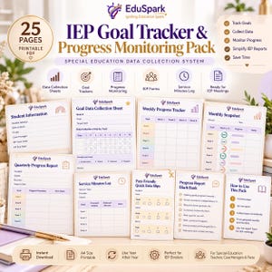 May include: A 25-page printable IEP Goal Tracker and Progress Monitoring Pack by EduSpark. The collection includes student information sheets, goal data collection sheets, weekly progress trackers, monthly snapshots, quarterly reports, and service logs.