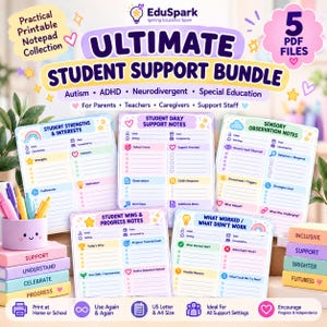 Op de afbeelding: Een digitale, printbare notitieblokcollectie genaamd Ultimate Student Support Bundle. De set bevat vijf PDF-bestanden met formulieren voor sterke punten, dagelijkse notities, zintuiglijke observaties en voortgang, voorzien van kleurrijke iconen en tekst.