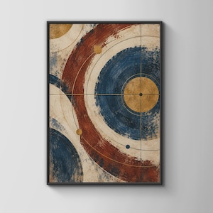 May include: A framed rectangular wall art piece featuring a series of concentric circles in shades of deep blue, rust red, and metallic gold. Thin, intersecting black and gold lines overlay the painted circular patterns, creating a geometric design.