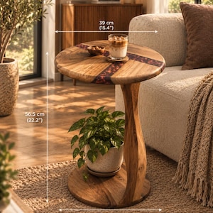Handcrafted Walnut C-Side Table, Epoxy Resin Accent Table (20.87"L x 15.35"W x 22.24"H)