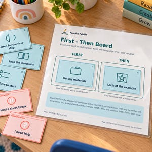 May include: A First-Then Board educational tool with a clear plastic cover, featuring two rectangular spaces labeled First and Then. The board includes instructional text and two light blue cards placed inside. Additional light blue and pink cards with icons and text are arranged nearby, alongside a pair of teal scissors and three white adhesive dots.