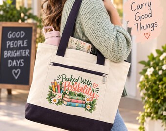 Teacher Tote Bag, Packed With Possibility Zippered Canvas Bag, Book Lover Gift, Teacher Gift, School & Work Tote
